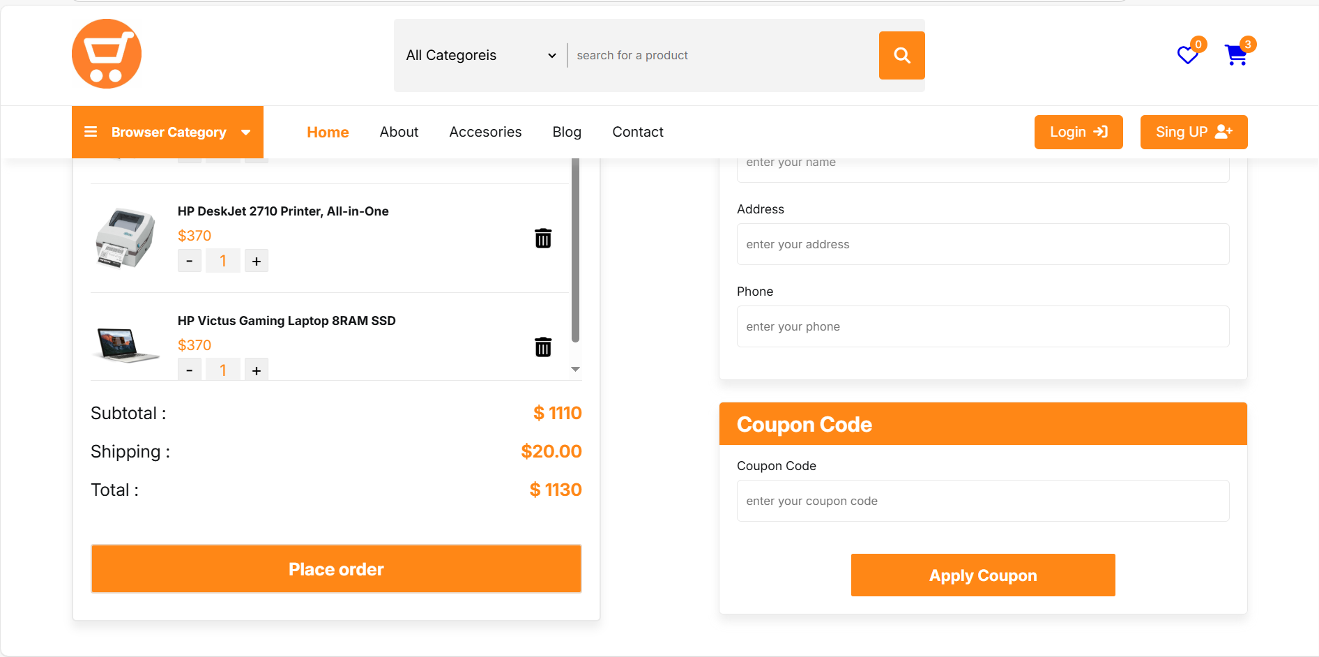 E-commerce shopping cart